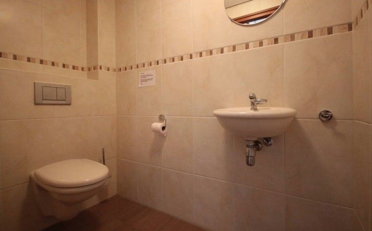 Modern bathroom in 6 pers. luxury wheelchair friendly villa, De Cocksdorp, Texel with toilet and sink.