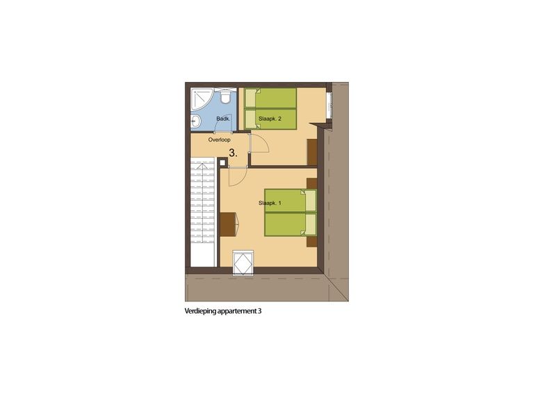 Top floor floor plan of Type T-3 vacation home, De Cocksdorp, Texel.