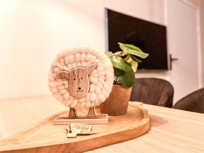 Detail der Dekoration im Ferienhaus Hogezandskil, De Cocksdorp, Texel mit niedlichen Schafen und Gruenpflanzen.