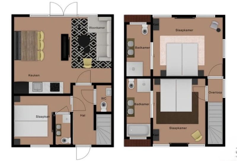 Plan of 6 person vacation home in De Cocksdorp Texel with layout of rooms.