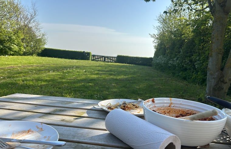 Outdoor dining overlooking the garden at Holiday home in De Cocksdorp, Texel, Wadden Islands.