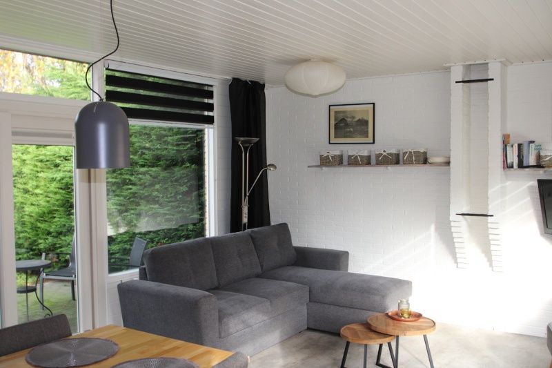 Gemuetliches Wohnzimmer im Bungalow Tamarisk 164 - Bartje, De Cocksdorp, Texel mit bequemem Sofa und viel Tageslicht.