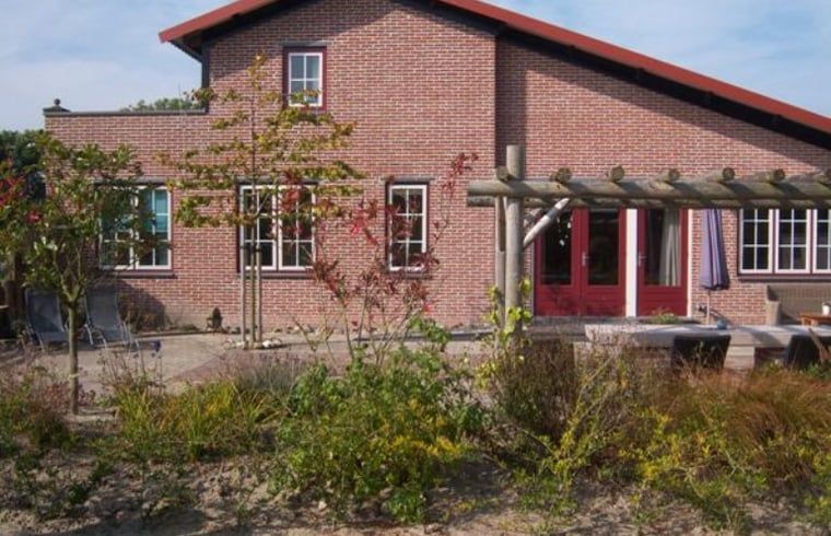 Achtertuin van Huisje in De Cocksdorp, Texel, met kleurrijke planten en uitnodigend terras.