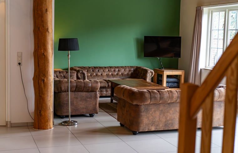 Gezellige zithoek in Huisje in De Cocksdorp, Texel, met groene muur en moderne voorzieningen.