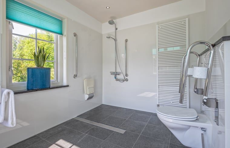 Ruime douche in Huisje in De Cocksdorp, Texel, met moderne voorzieningen en veel licht.