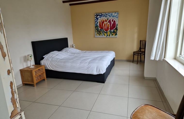 Ruime slaapkamer in Huisje in De Cocksdorp, Texel, met kleurrijk schilderij en veel licht.