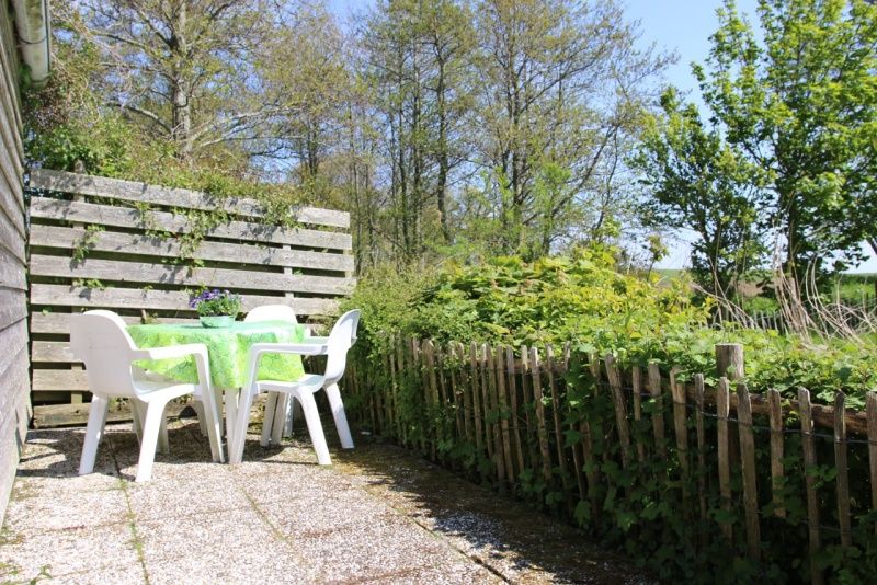 Sonnige Terrasse des Ferienhauses Kikkertstraat 60, De Cocksdorp, Texel mit Gartentisch und gruener Umgebung.