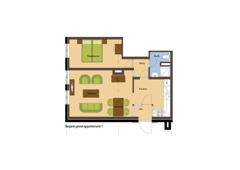 Grundriss des Ferienhauses Typ R, De Cocksdorp, Texel, zeigt die Aufteilung von Wohnzimmer, Kueche und Schlafzimmer.