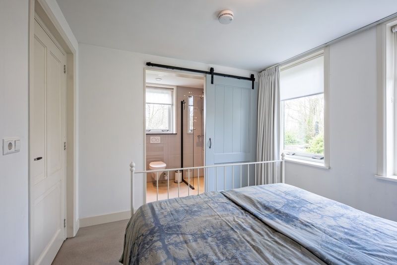 Attraktives Schlafzimmer des Bungalows Postweg 109 in De Cocksdorp, Texel, mit eigenem Badezimmer und Blick auf die gruene Umgebung.