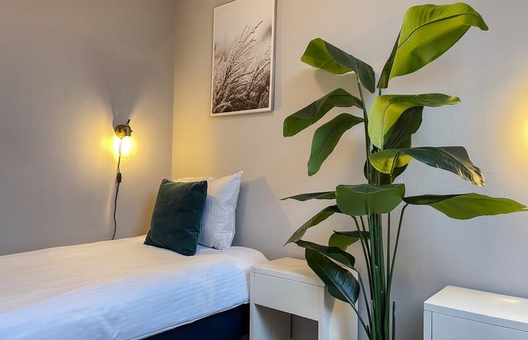 Einzelbett mit Gruenpflanzen im Ferienhaus in De Cocksdorp, Texel.