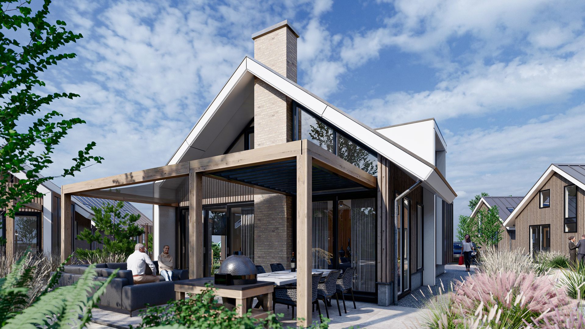 Gezellige veranda bij Chalet in De Cocksdorp, ideaal voor ontspanning op Texel, Waddeneilanden.