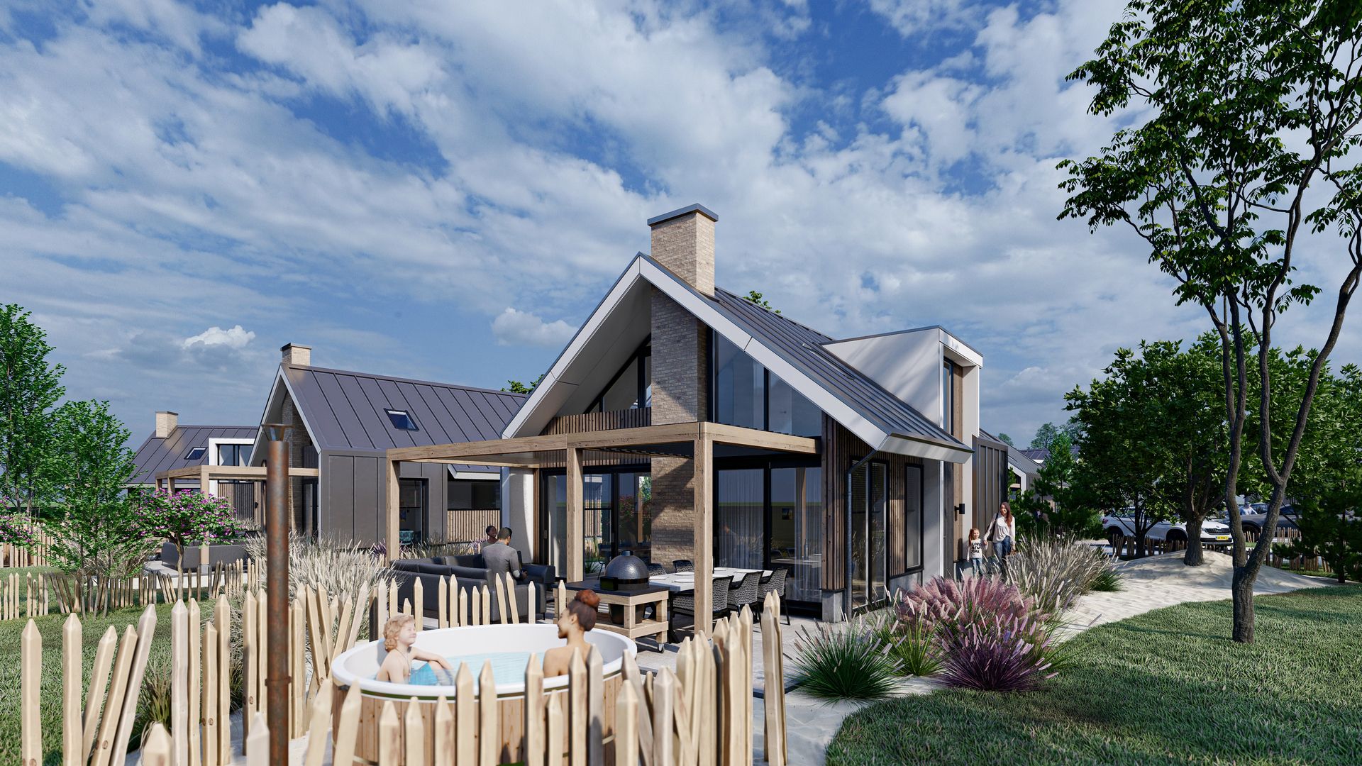 Uitzicht op de tuin en hot tub bij Chalet in De Cocksdorp, Texel, Waddeneilanden.