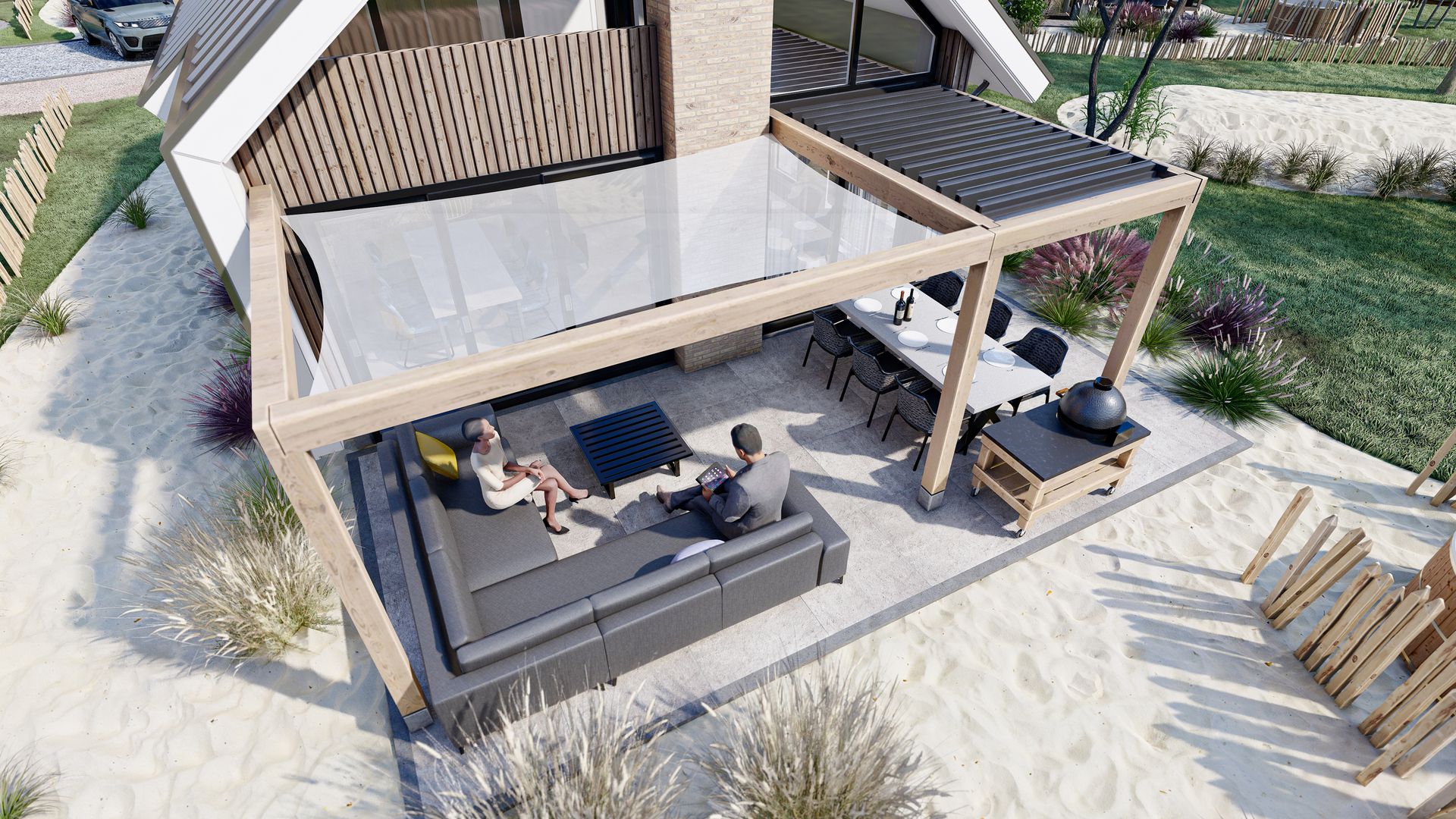 Luchtfoto van het terras bij Chalet in De Cocksdorp, met zicht op Texelse natuur.