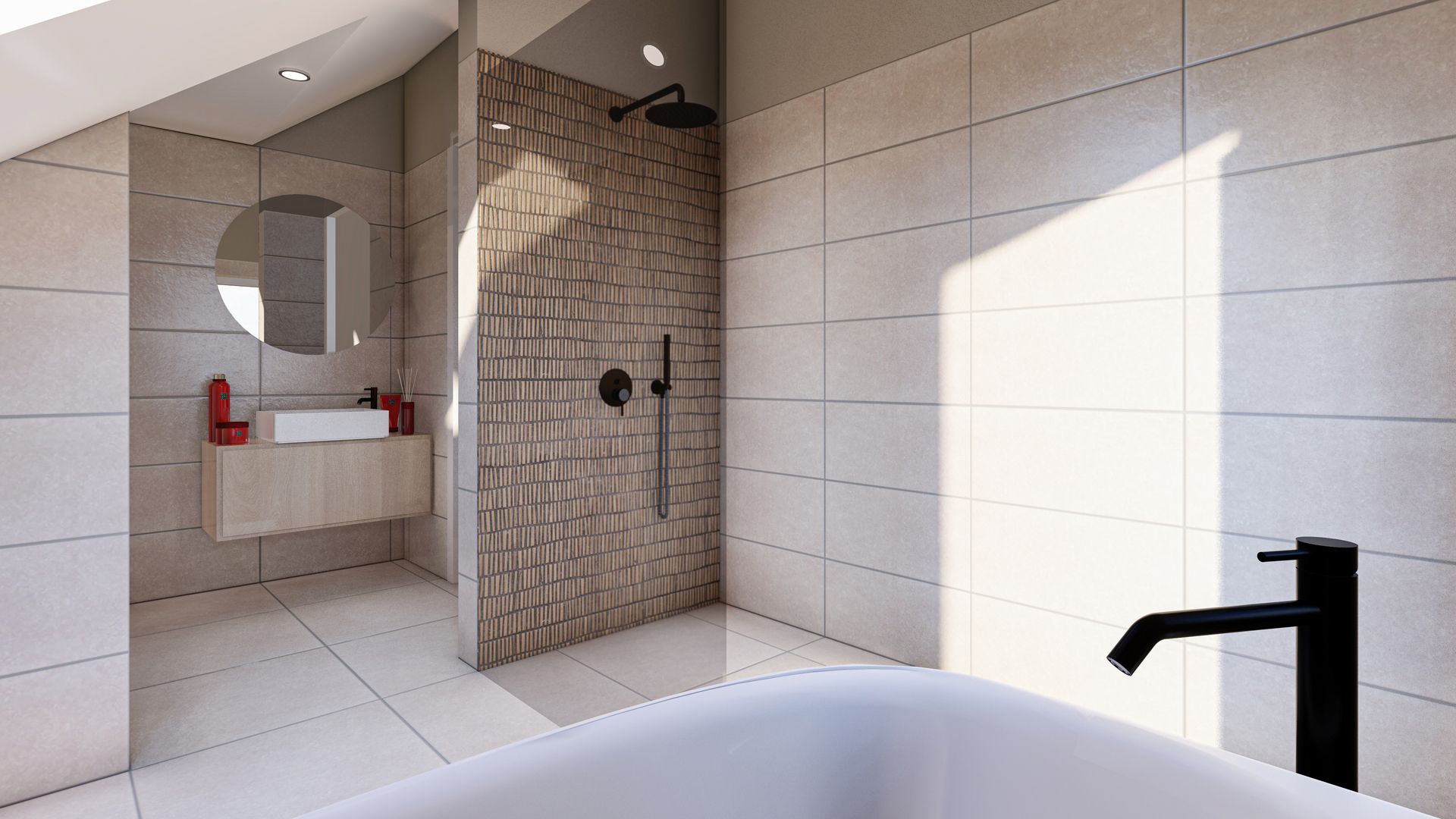 Stijlvolle douche en bad in Chalet in De Cocksdorp, Texel, Waddeneilanden.