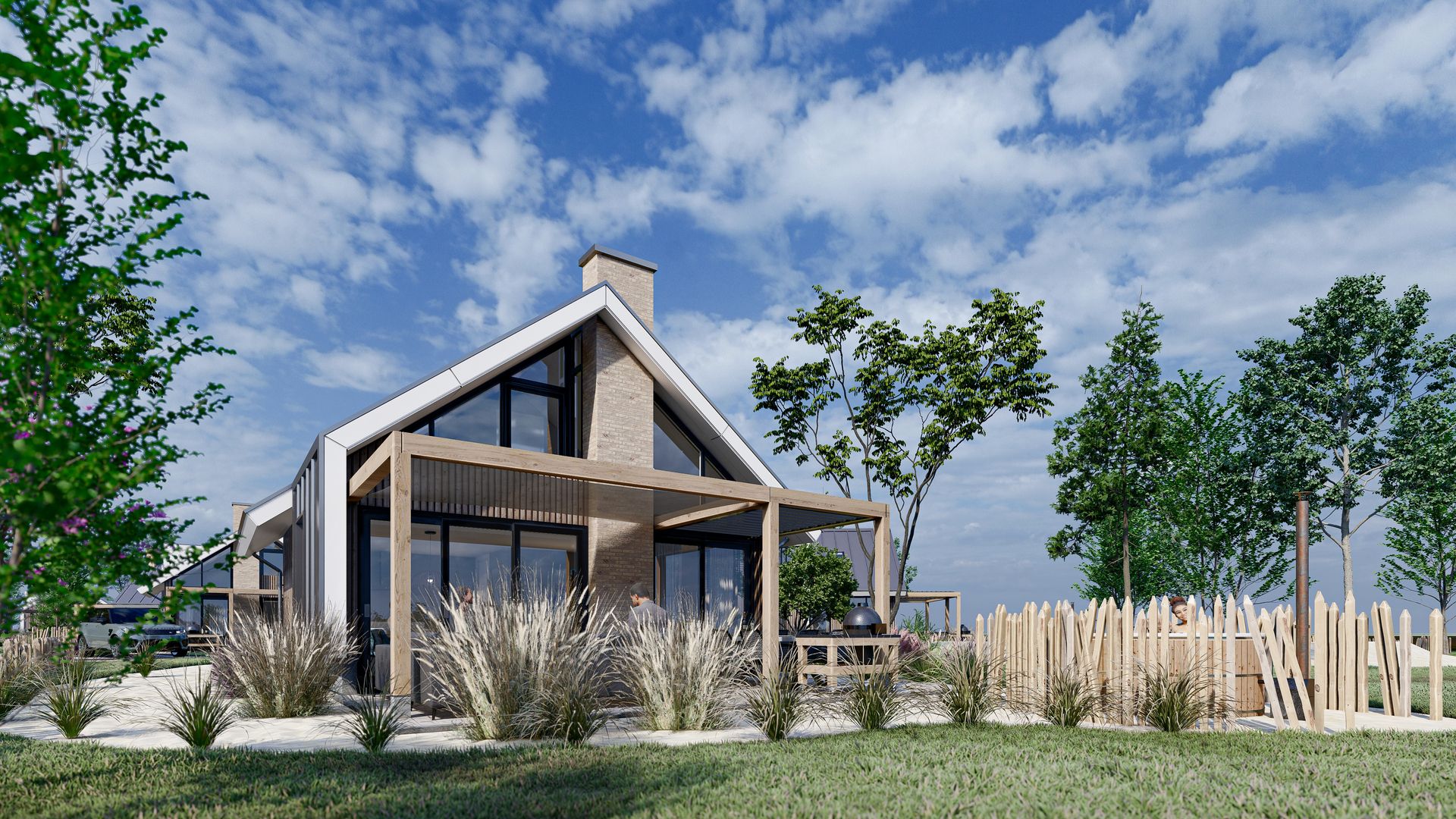 Chalet in De Cocksdorp met houten omheining en groene omgeving, Texel, Waddeneilanden.