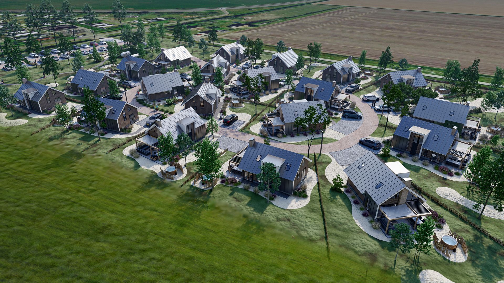 Luchtfoto van Chalet in De Cocksdorp, gelegen in groene omgeving op Texel, Waddeneilanden.