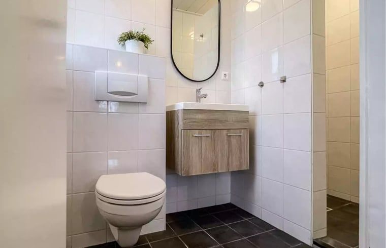 Moderne badkamer in Huisje in De Cocksdorp, Texel, met strakke witte tegels en houten wastafelmeubel.