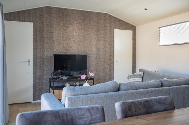 Stylish living room in Chalet Bregkoog 231, De Koog, Texel with television and modern furnishings at Chaletpark Bregkoog.