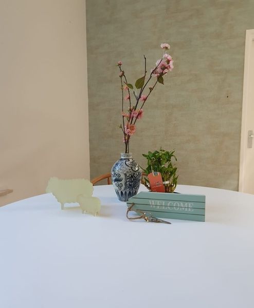 Welcome table at Huisje Quirijn, De Koog Texel with decorative vase and keys on a round table.