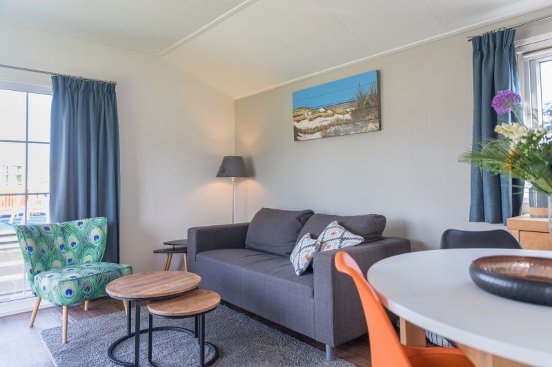 Cozy living room in Chalet Bregkoog 227, Chaletpark Bregkoog, De Koog, Texel with comfortable sofa and colorful armchair.