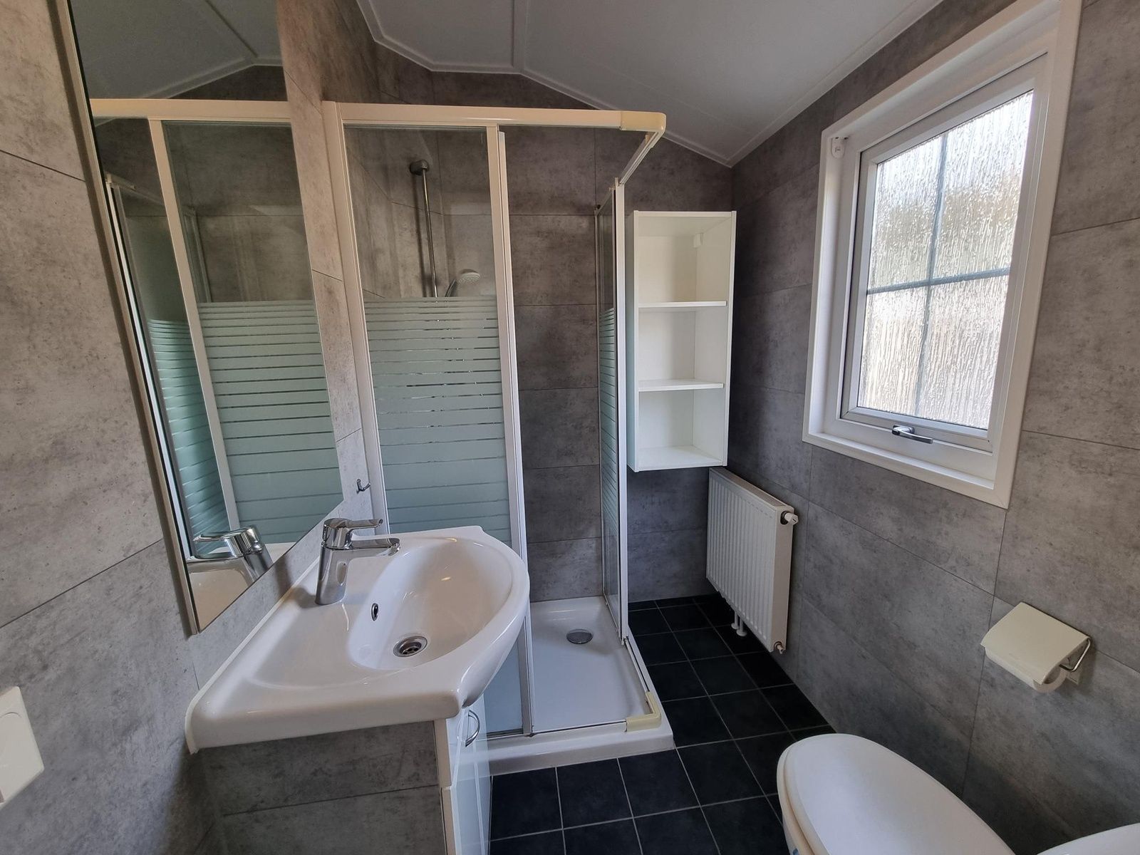 Modern bathroom in Chaletpark Bregkoog - Chalet Bregkoog 235, De Koog, Texel with shower, sink and toilet.