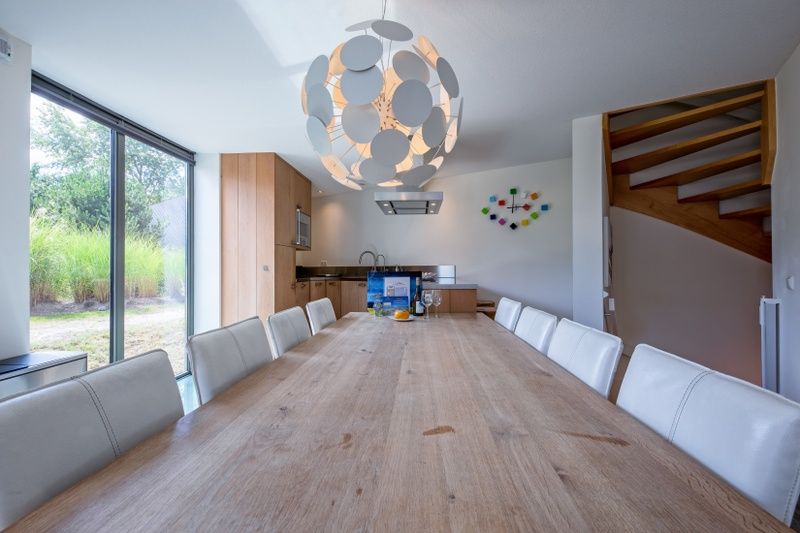 Spacious dining room in Park Duynzoom - Villa Duynzoom, Texel, with large table and stylish lamp.