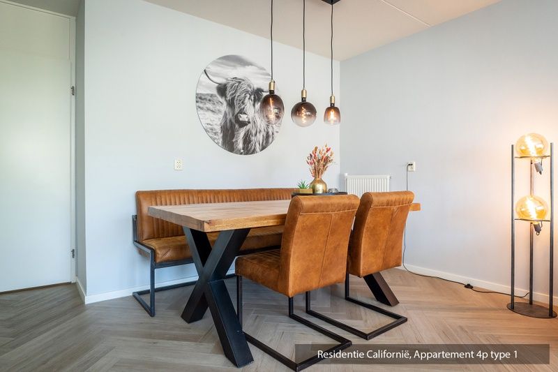 Dining area in Type 1 vacation home, De Koog, Texel with wooden table and modern lamps.