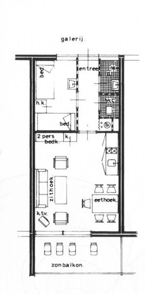 Plattegrond van Motel Texel Appartement (Z) in De Koog, Texel met indeling van ruimtes en balkon.