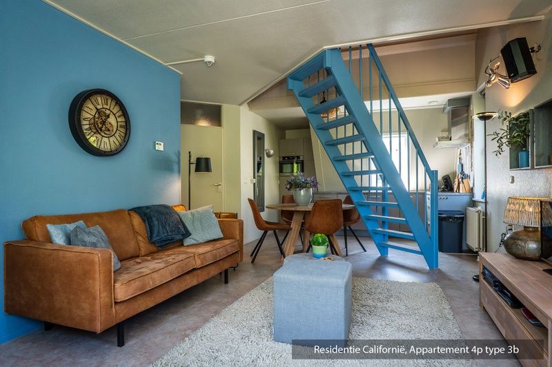Modern open kitchen and dining area in Type 3B vacation home, De Koog, Texel, with stylish furnishings and blue accents.