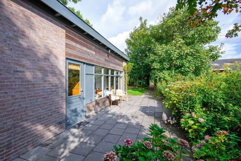 Aussenbereich des Ferienhauses De Zonneweelde in De Koog, Texel, mit bluehenden Pflanzen und sonniger Terrasse.