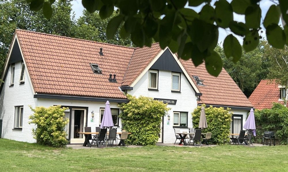 Coach house vacation home in De Koog, Texel, with a charming terrace and green surroundings on the Wadden Islands.