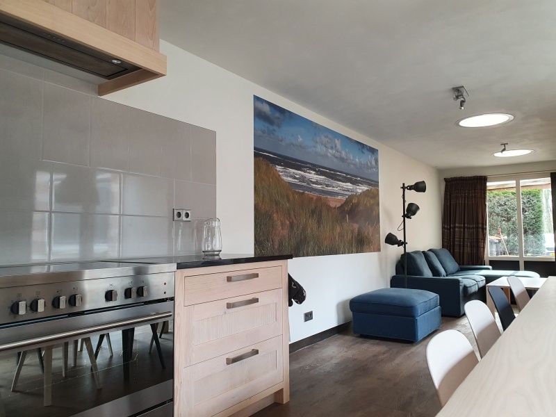 Gemuetliches Wohnzimmer in Orchismient 24, De Koog, Texel, mit Sofa und Kuestenlandschaft an der Wand.