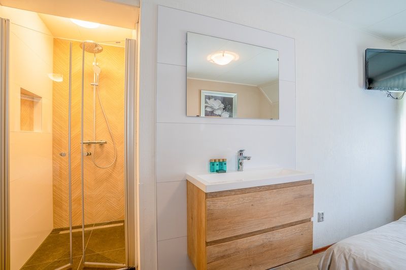 Modern bathroom in Holiday home Kamperfoelie 49, De Koog, Texel, with shower and sink.