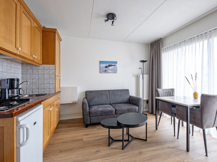 Gemuetliches Wohnzimmer in Zwei Personen Wohnung klein - Erdgeschoss, De Koog, Texel mit moderner Einrichtung und viel Tageslicht.