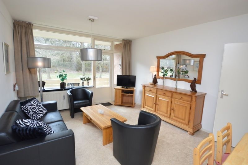 Helles Wohnzimmer des Appartements Kerckeland 28, De Koog, Texel mit modernen Moebeln und grossen Fenstern.