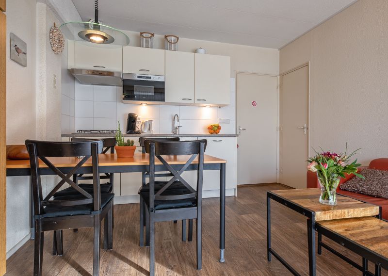Modern kitchen in Motel Texel Apartment with bath (B), De Koog, Texel with dining area and cooking facilities.