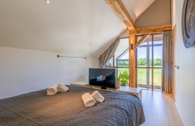 Spacious bedroom with TV in Holiday home in De Koog, Texel, overlooking nature.