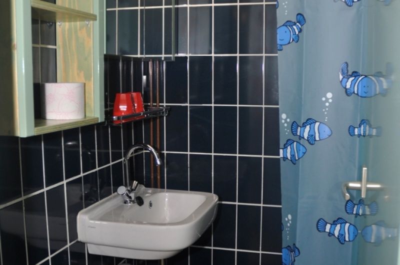 Modern bathroom in vacation home Schanulleke, De Koog, Texel, with sink and colorful shower curtain.
