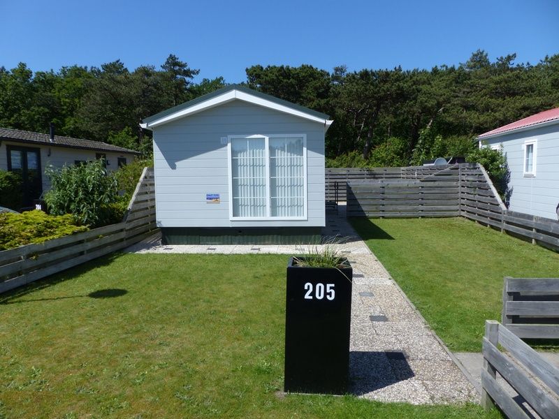 Front view of Chalet Bregkoog 205, a vacation home in De Koog Texel with green surroundings.
