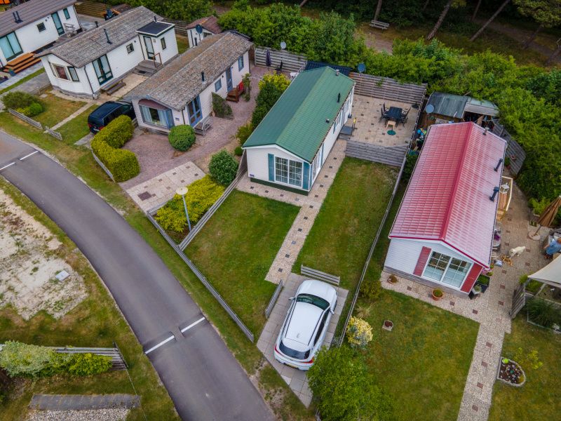 Aerial view of Chalet Bregkoog 205 on Texel, vacation home in green surroundings of De Koog.