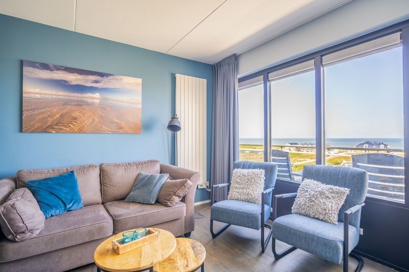 Blick auf das Meer vom Wohnzimmer des Appartements Juliana 156 Zeezicht, De Koog, Texel.