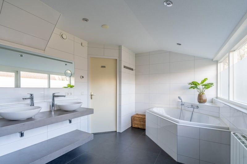 Luxury bathroom in Holiday home Honeysuckle 43 with sauna, De Koog, Texel, with large bathtub and stylish interior.