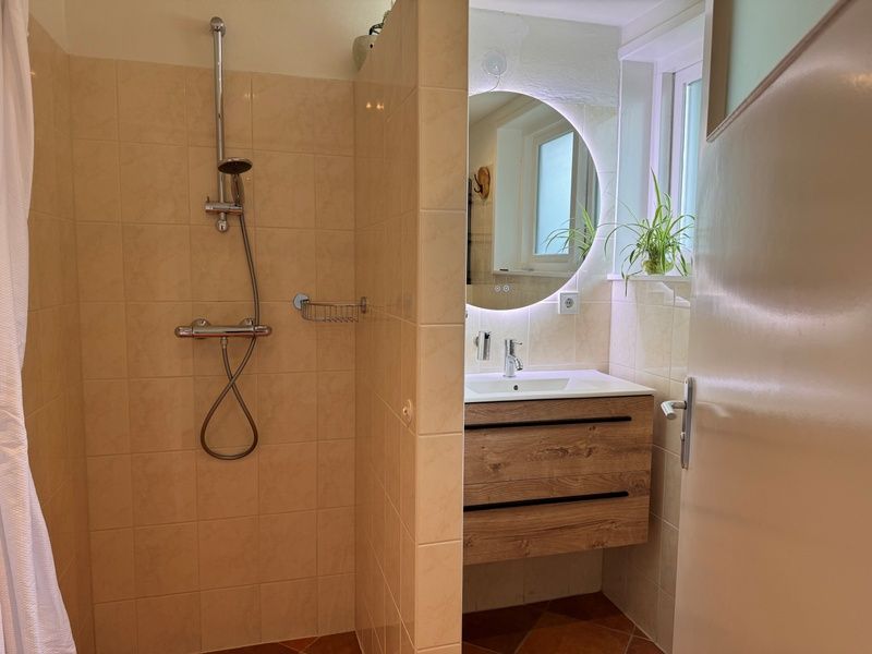 Stylish bathroom in vacation home Texel A, De Koog, with modern shower and sink.