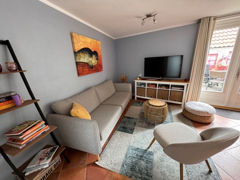 Comfortable seating area in Texel A, De Koog, with flat-screen TV and access to the terrace.
