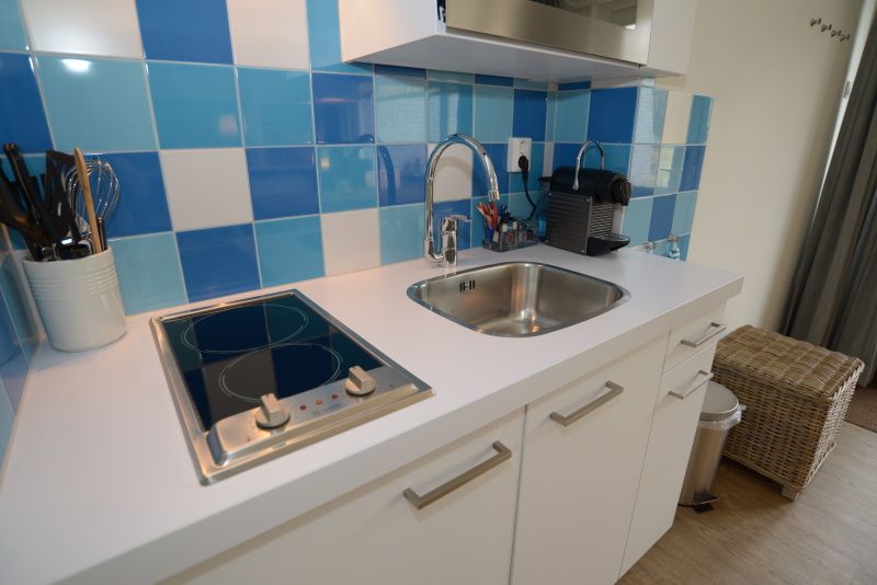 Stylish kitchen corner in Grand Hotel Opduin - Holiday home C, De Koog, Texel, with modern appliances and colorful tiles.