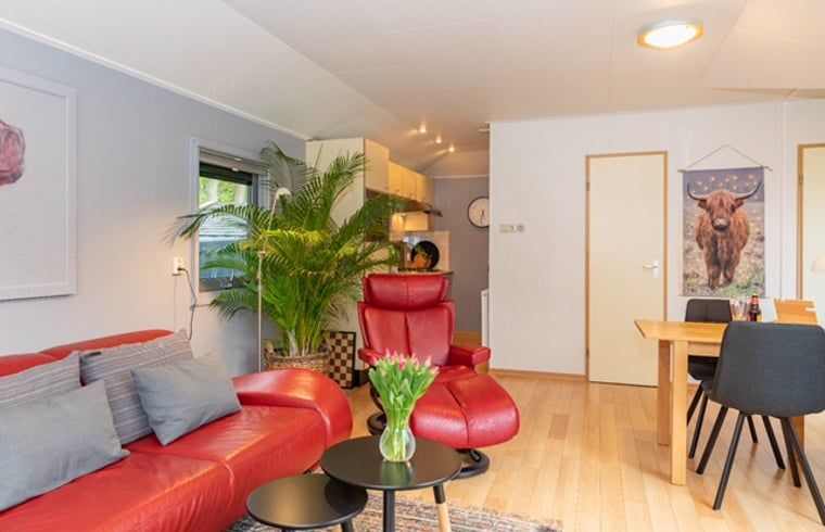 Modern living room with red sofa in Holiday home in De Koog, Texel, Wadden Islands.