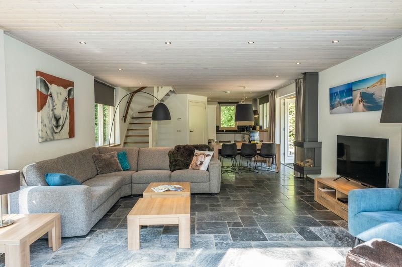 Spacious living area of Westenwind vacation home in De Koog, Texel with dining area and fireplace.