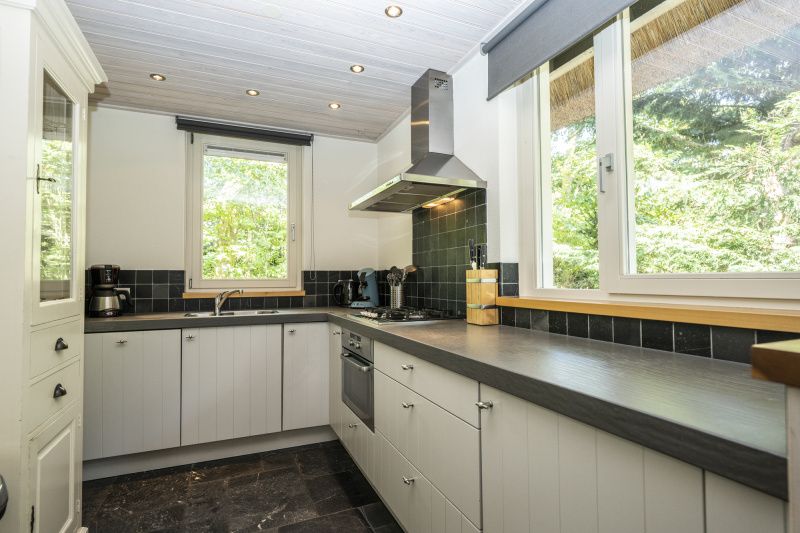 Modern kitchen of Westenwind vacation home in De Koog, Texel with lots of light and views of the garden.