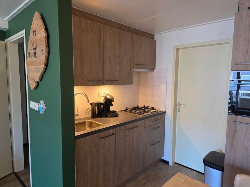 Kompakte Kueche im Apartment Anna 218, De Koog, Texel mit modernen Geraeten und Holzschraenken.