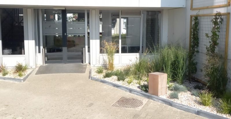 Eingang zu De Pelikaan Apartments, De Koog, Texel, umgeben von Gruenpflanzen und einem einladenden Eingang.